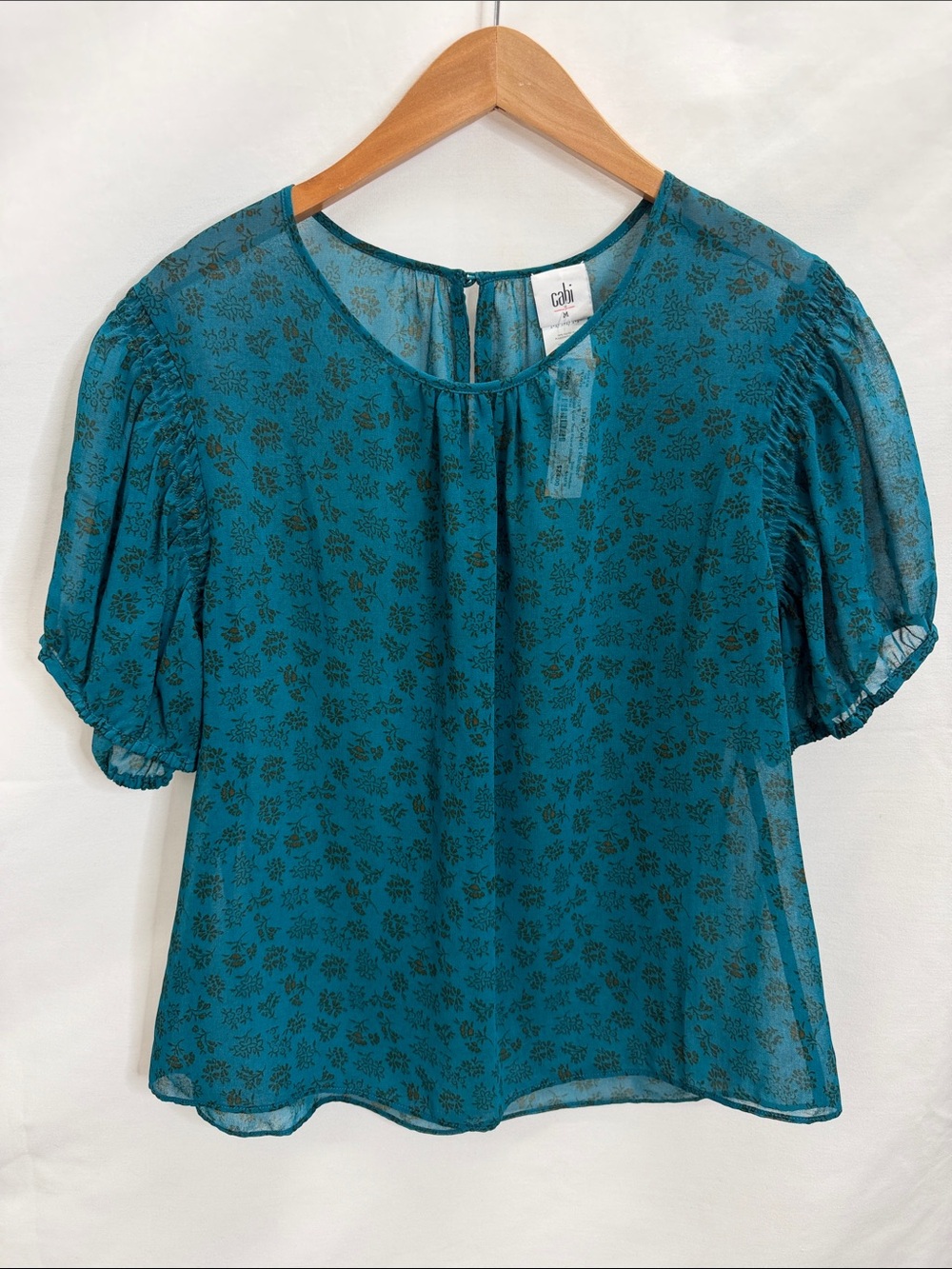 CAbi Teal Floral Puff-Sleeve Sheer Top